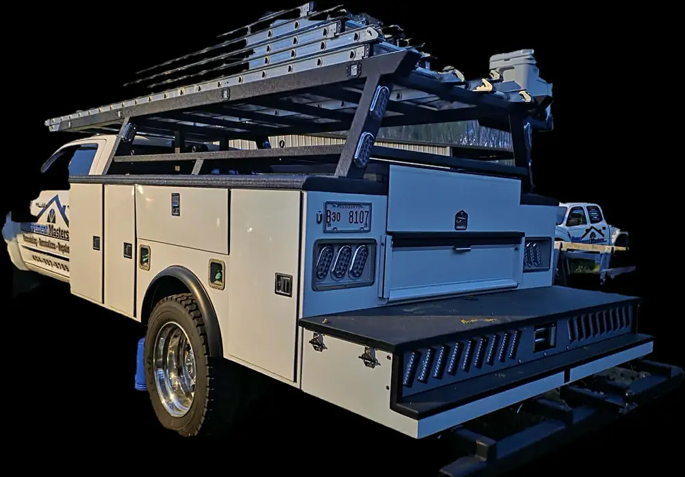 home improvement master trailer truck several ladders on top in canton ga