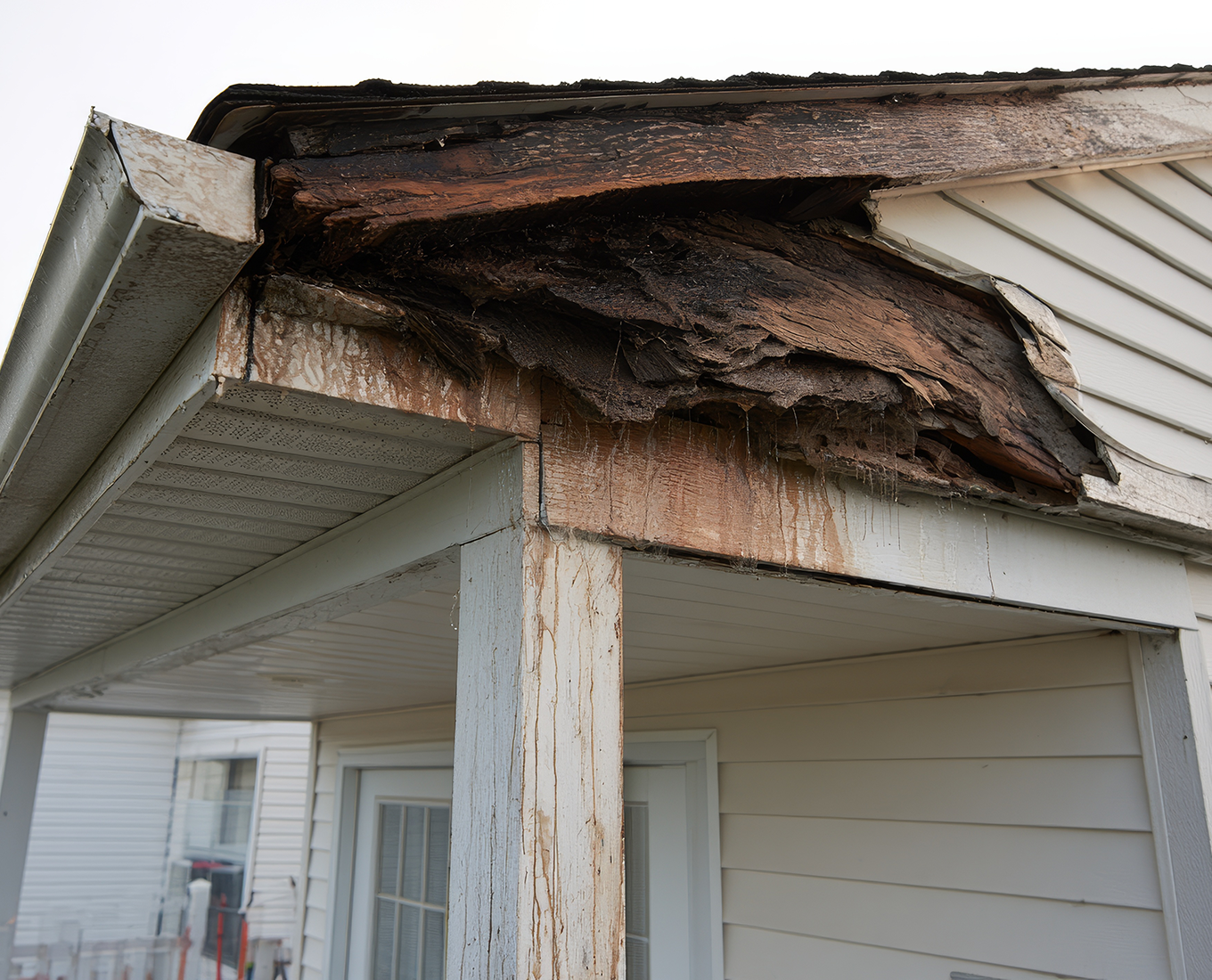 Rotten wood on house roof shows signs of damage and decay near the corner of the structure in a residential area in Canton GA