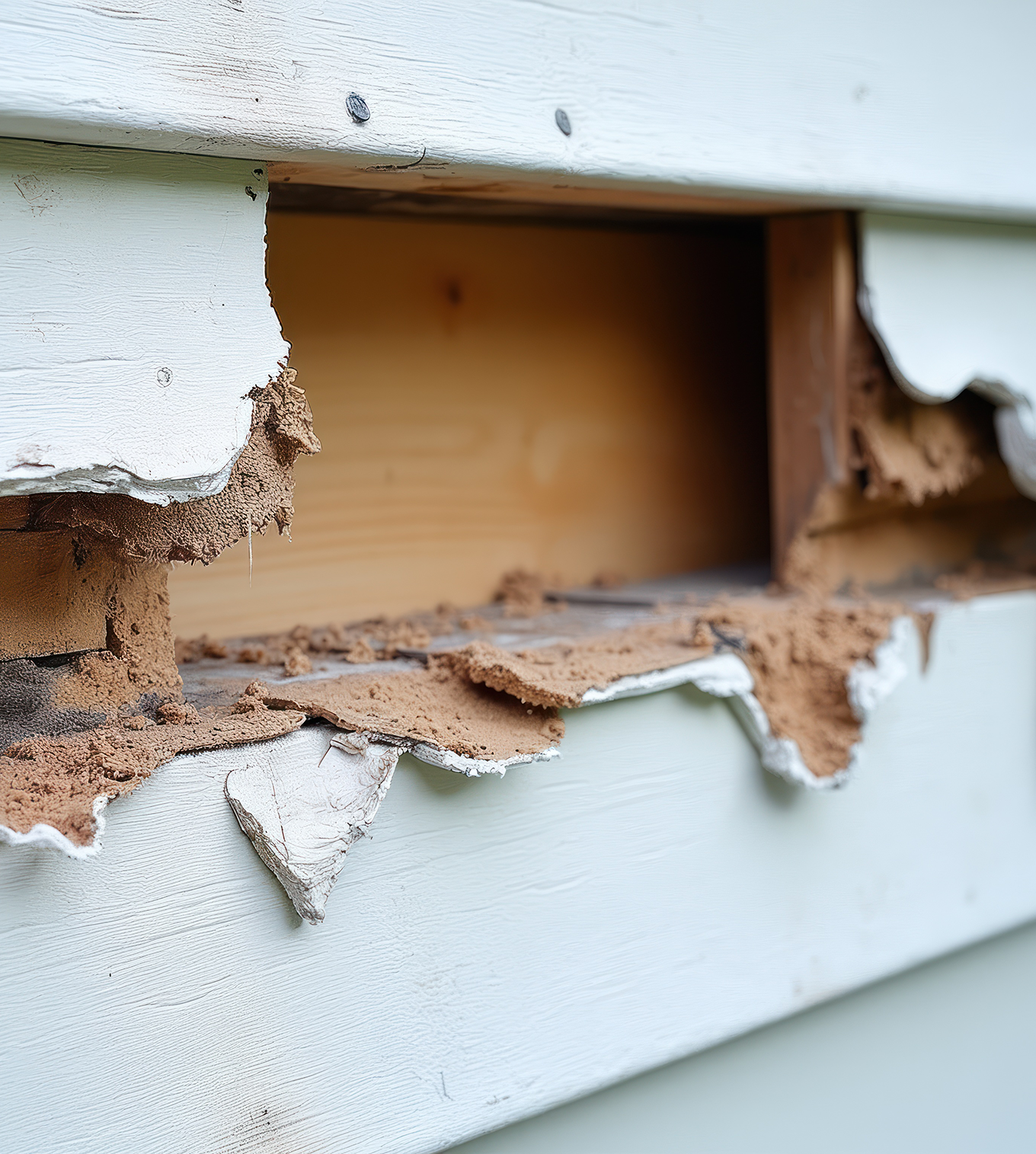 Damaged white house siding reveals exposed wooden structure showing signs of decay or pest infestation in canton ga